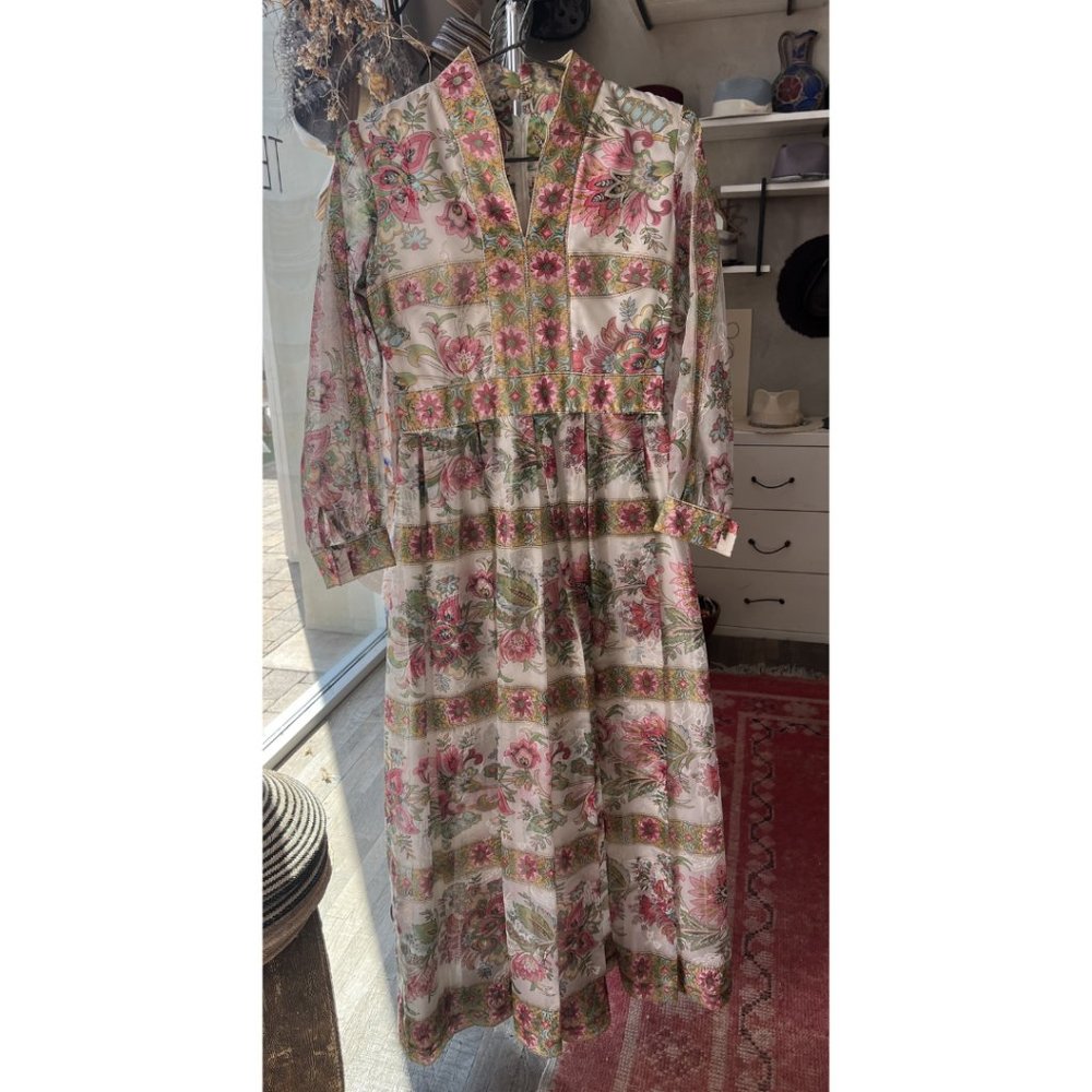Avalon Classics Floral Print V-Neck Long Sleeve Pleated Maxi Dress Pink Size 12